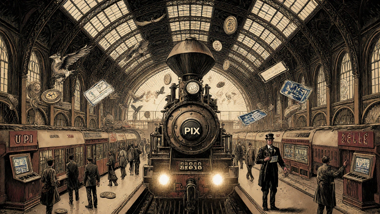 A steampunk payment hub with trains labeled UPI, Pix, and Zelle, guided by a Visa conductor in a detailed 1920s illustration.