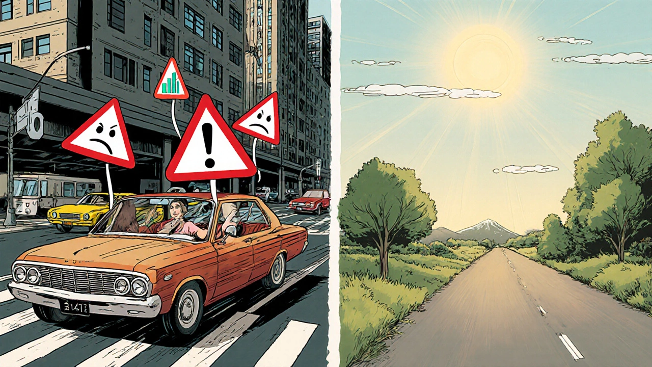 A stressed commuter in city traffic with red warning symbols above their vehicle, contrasting with a calm rural driver below.