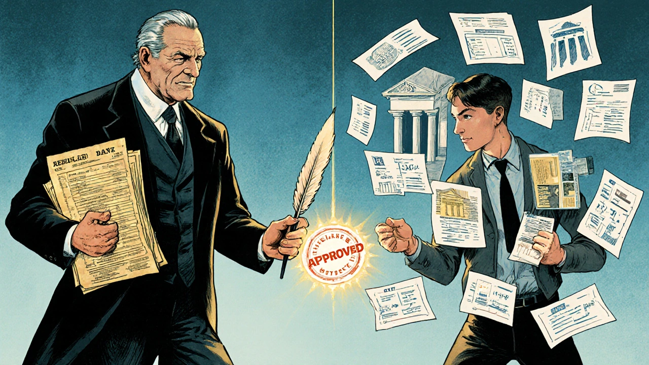 A traditional banker faces off against a fintech analyst surrounded by real-time financial data streams.