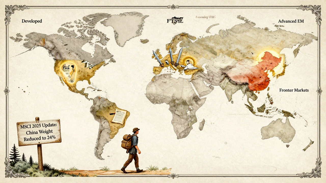 A vintage world map divided into four market categories, with a traveler walking past a sign showing China&#039;s reduced weight in 2025.