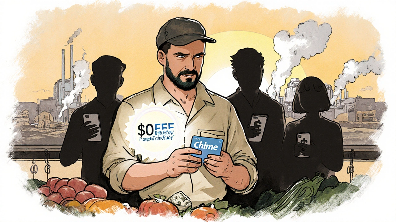 A worker uses a no-fee wage access card at a store, while shadowy fee-charging apps fade away behind them.