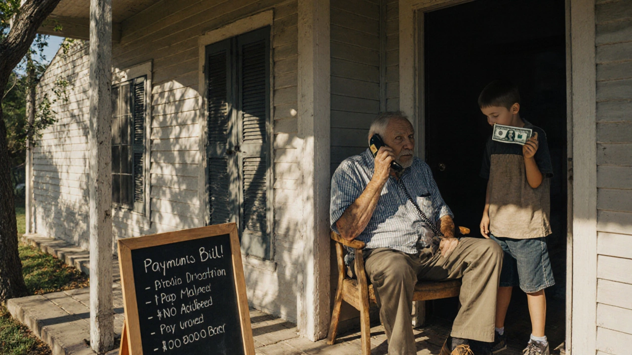 An elderly man paying a utility bill by voice command, with his grandson holding cash.