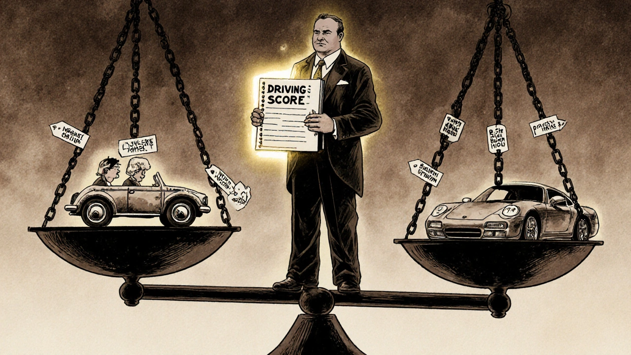 An insurer&#039;s agent balancing a scale showing a discounted retiree&#039;s car against a heavily penalized sports car.
