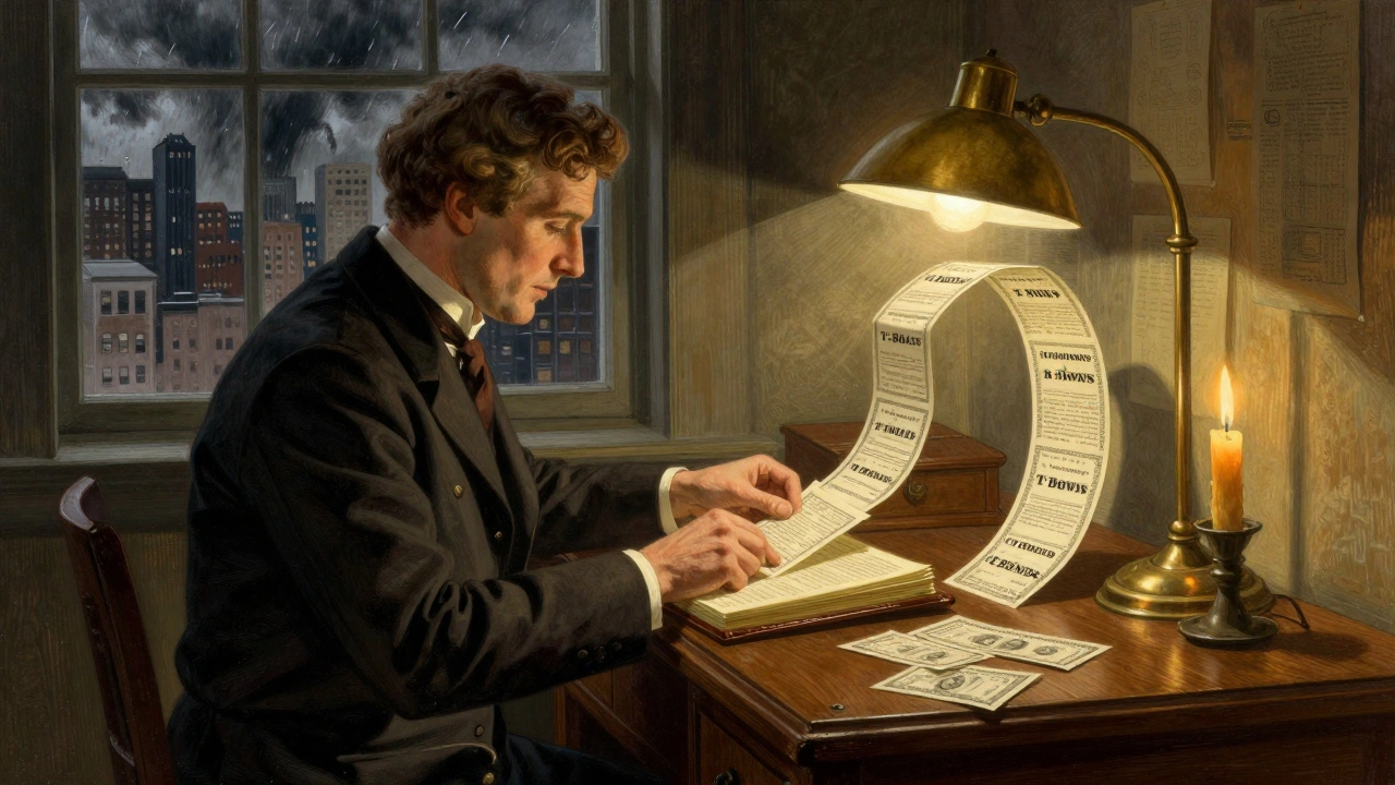 An investor at a desk with Treasury securities in a lantern-lit room, calm amid stormy market chaos.