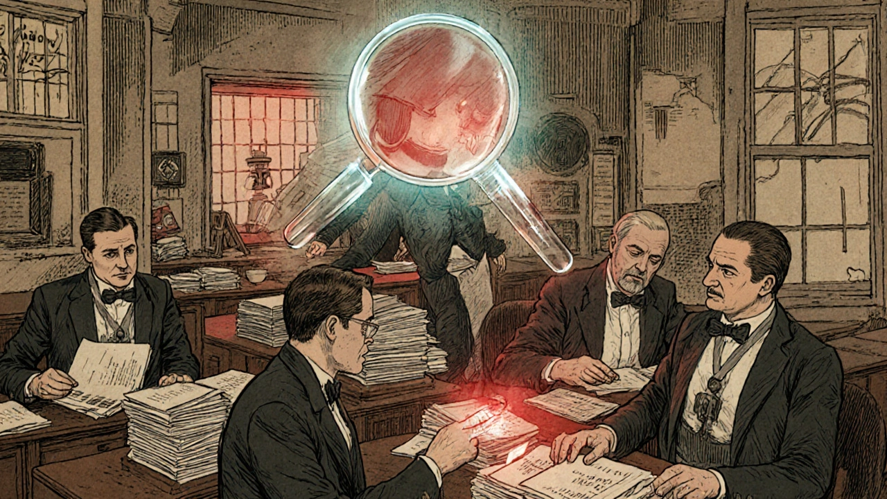 An old-fashioned insurance office where a glowing AI agent flags suspicious claims above clerks sorting paper files.