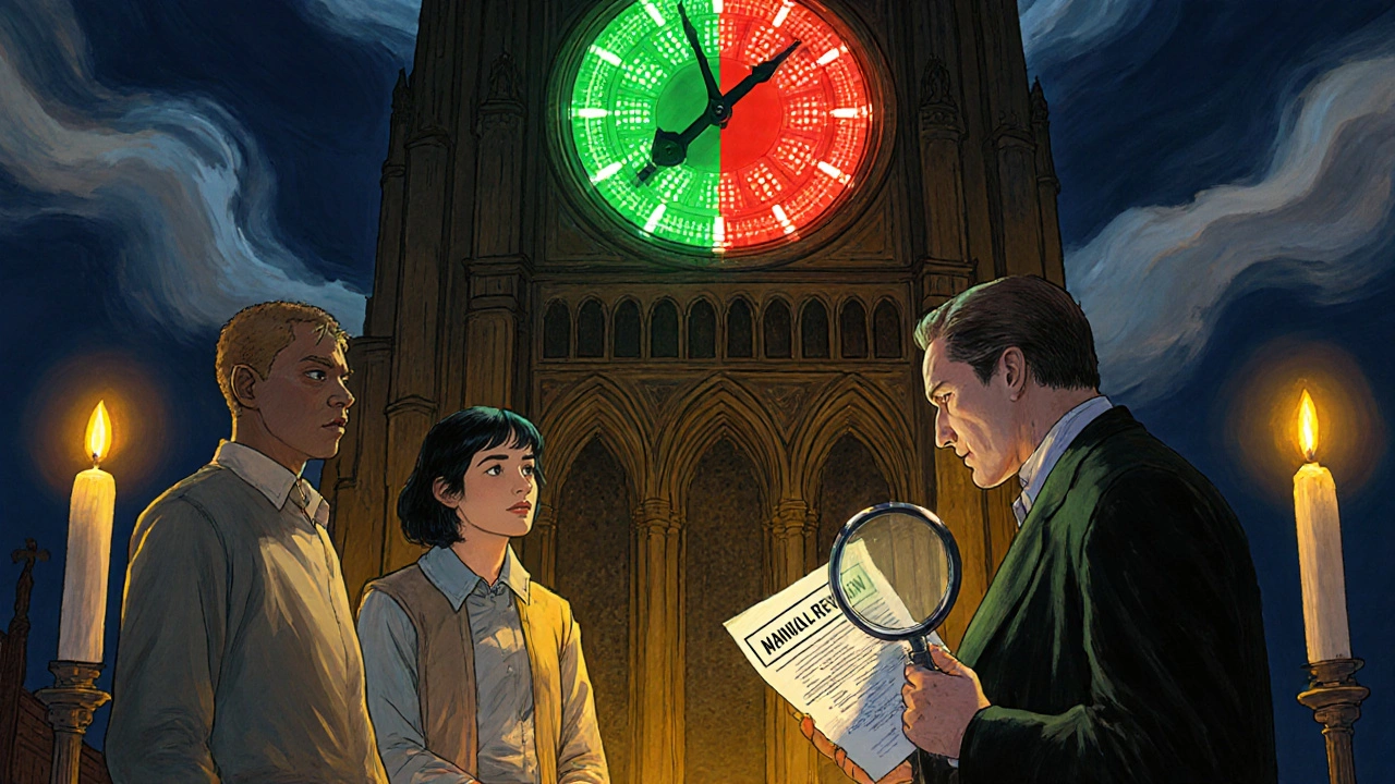 Applicants face a cathedral-like decision machine, with one human underwriter reviewing a flagged case, in Howard Pyle style.