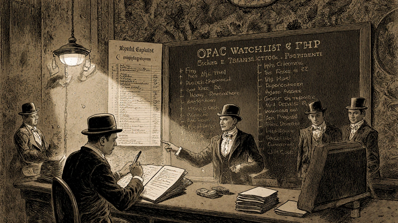 Bank clerks analyze cash deposits and sanctions lists in a historic compliance room with glowing ledgers.