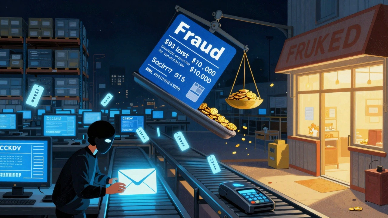 Digital card data floating in a warehouse at night with fraud costs spilling from a scale, in Howard Pyle style.