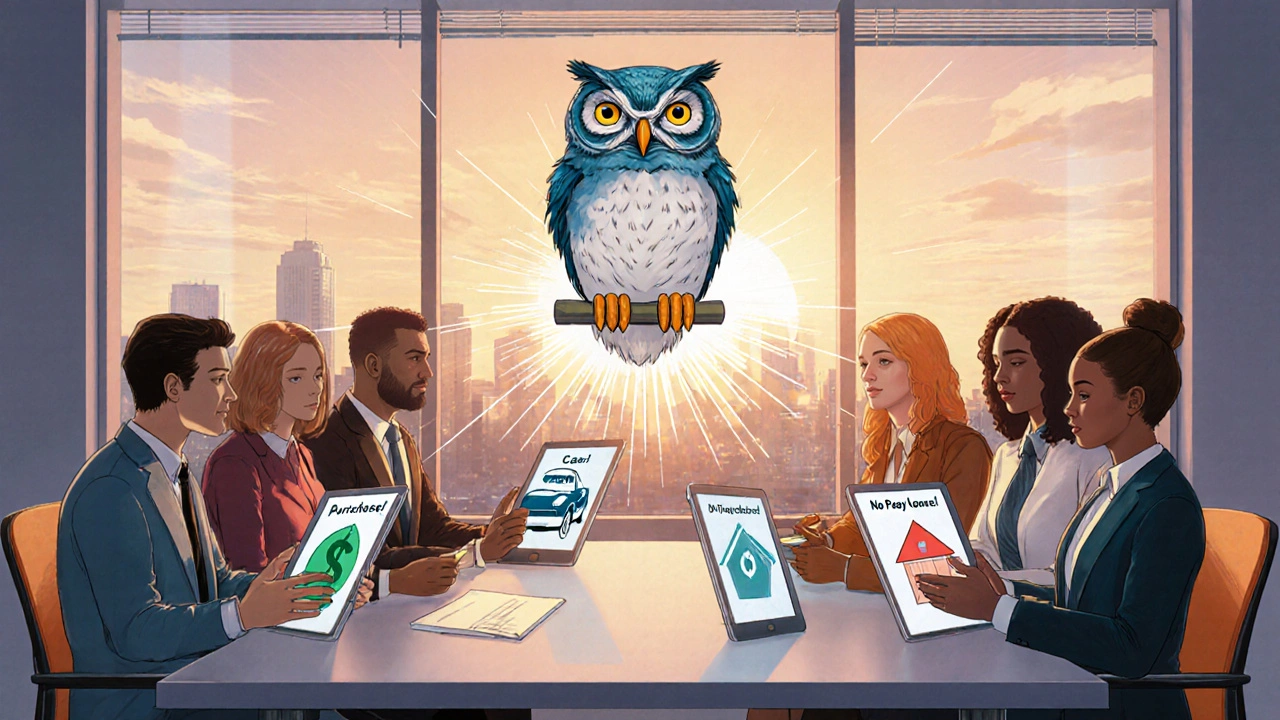 Diverse employees with EWA tablets, wise owl AI coach connecting their financial paths