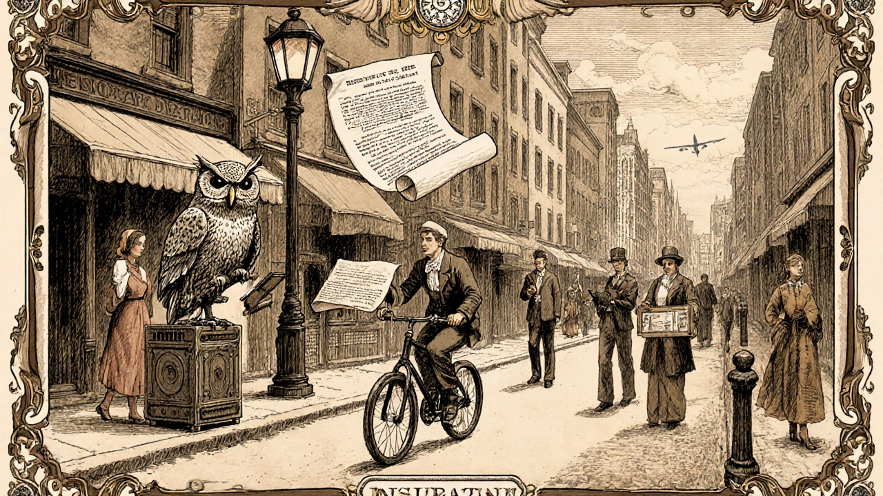 Everyday scenes in a city where insurance appears as floating scrolls from robotic vendors and smart objects.