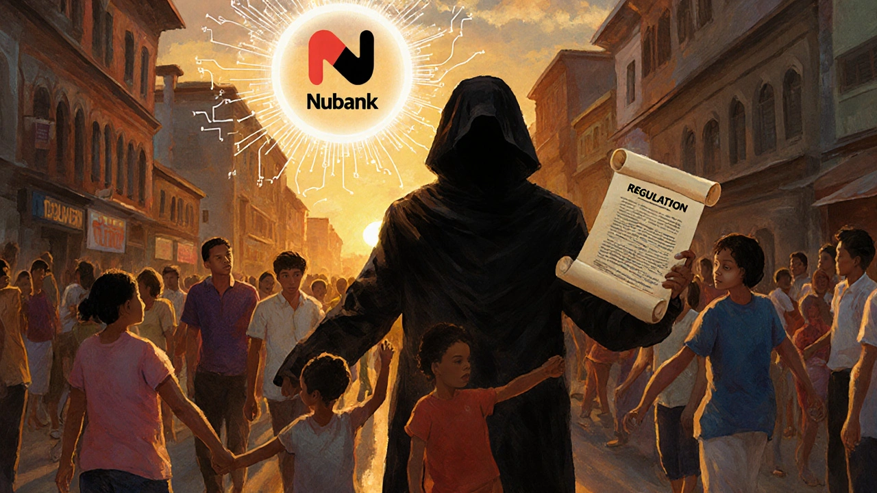 Families in Brazil exchange free Nubank cards at sunset, while regulation looms overhead in a painted scene of quiet revolution.