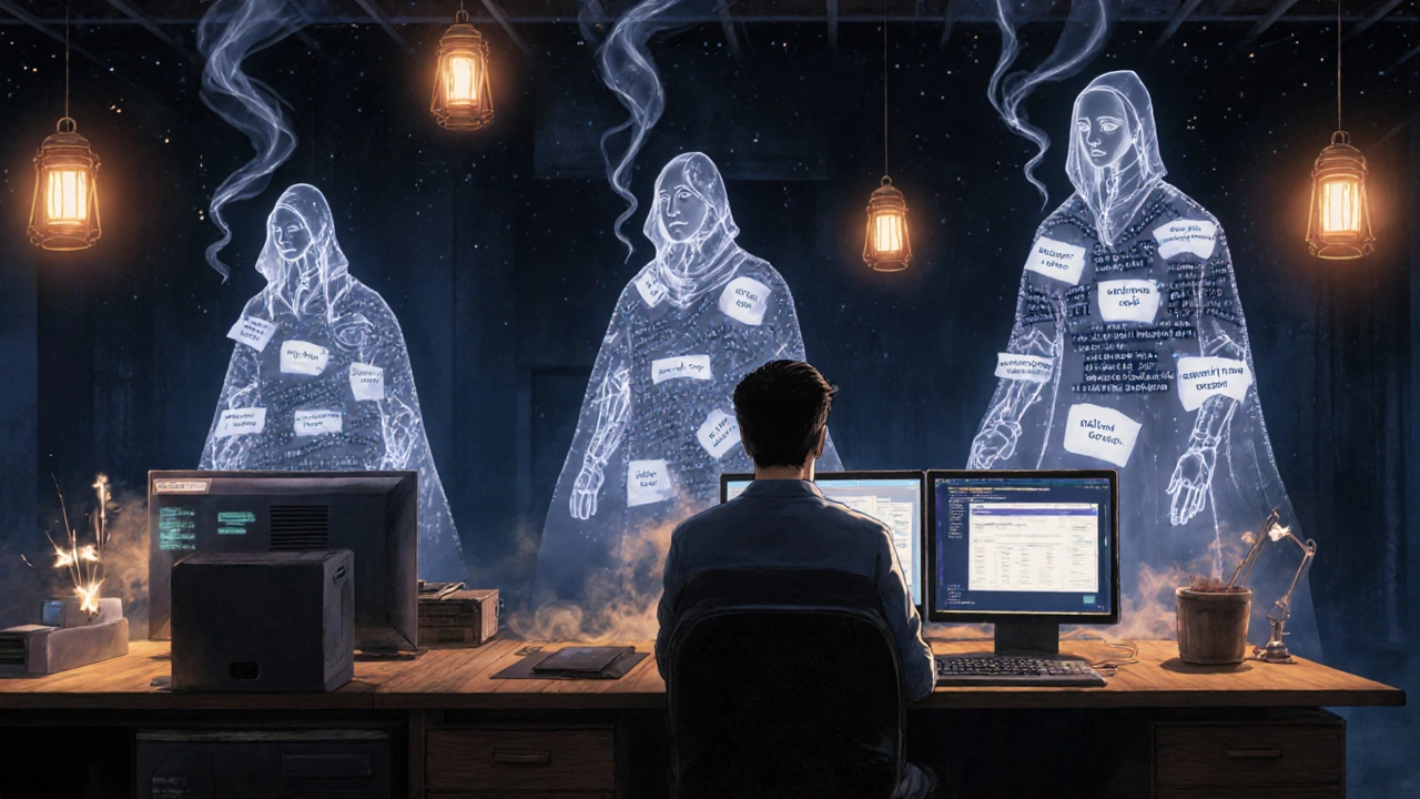Human agents assisted by translucent AI spirits sorting customer messages in a dimly lit service hub.