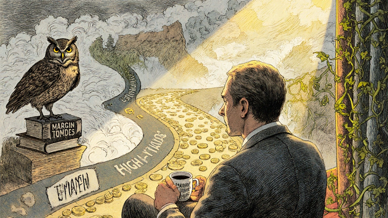 Investor choosing between margin, savings, and options paths, wise owl observing, sunlight breaking through clouds.