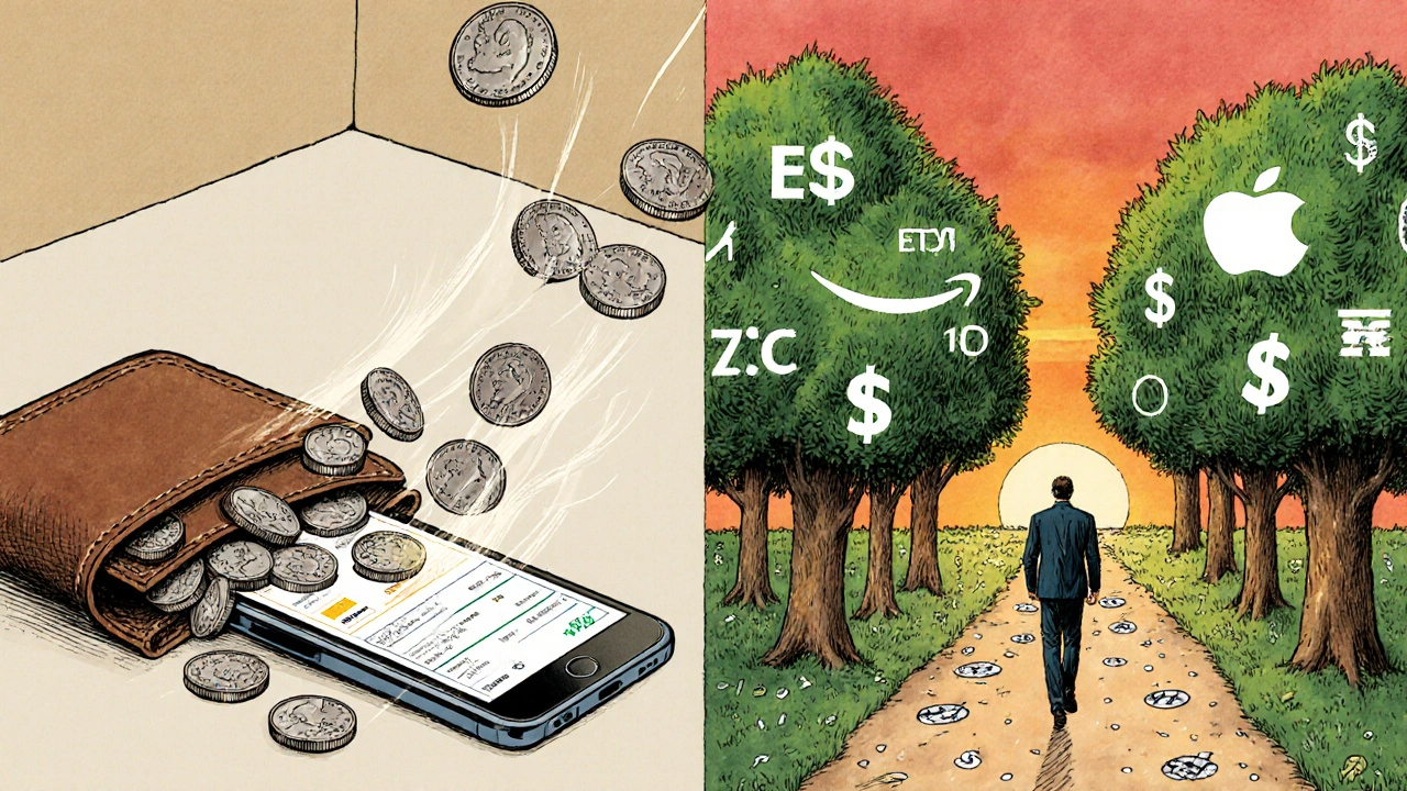 Loose change flows into a phone app, transforming into a forest of company trees under a sunset.