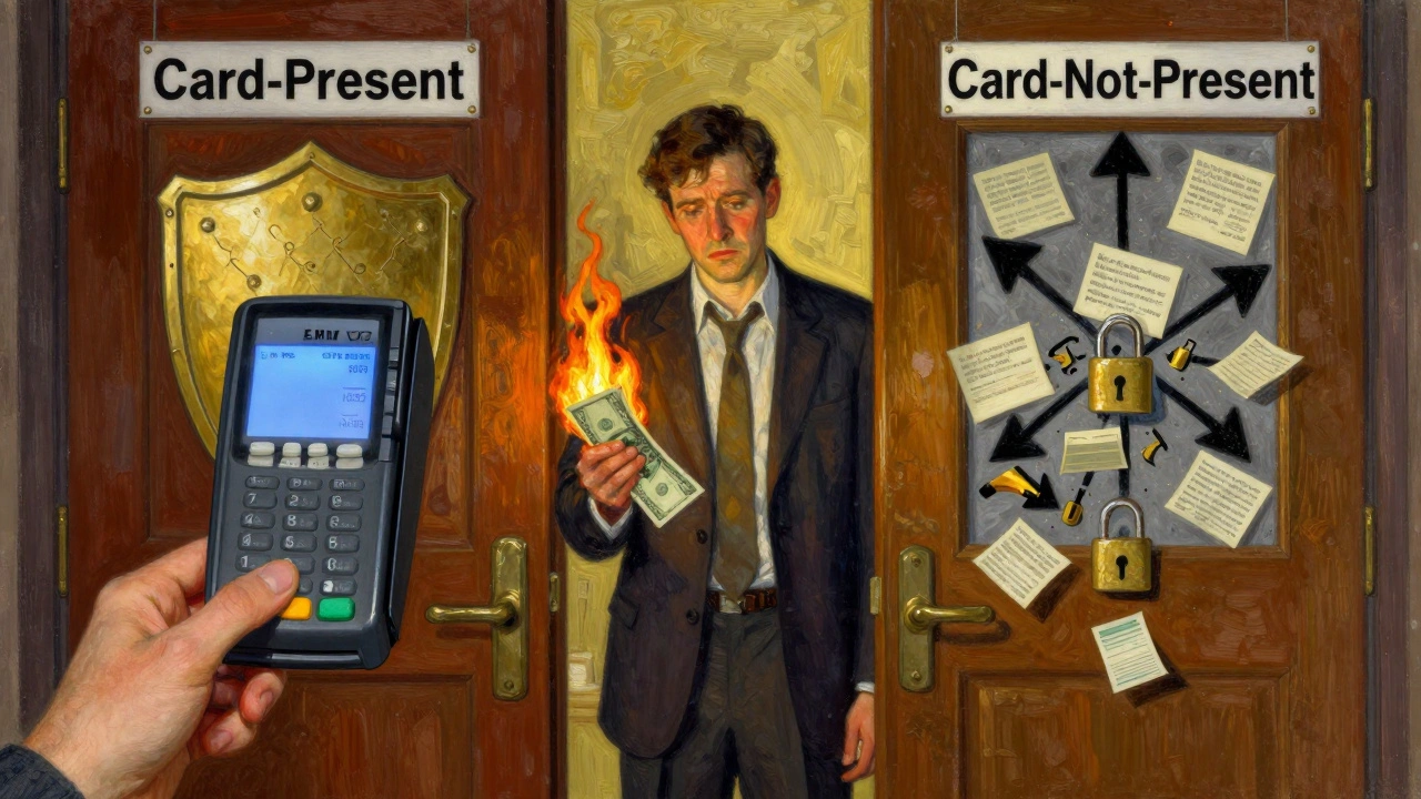 Merchant torn between secure in-person and risky online payments, illustrated in Howard Pyle&#039;s dramatic style.