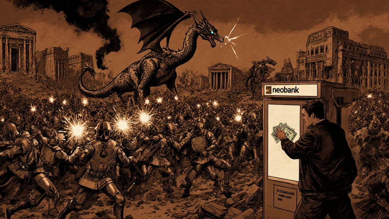 Neobank warriors fight on a battlefield of dying banks, with AI dragons and cash-deposit struggles in the foreground.