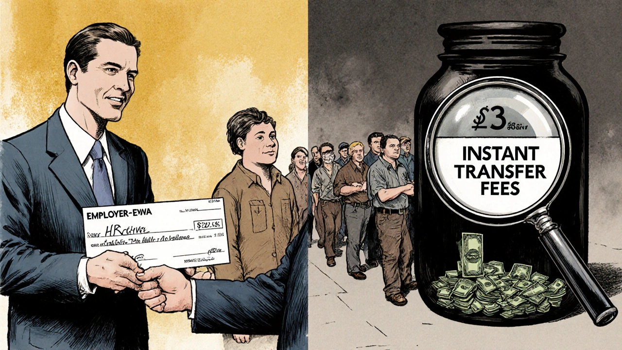 Split scene: employer pays for wage access on one side, workers pay fees on the other, with a giant money jar collecting payments.