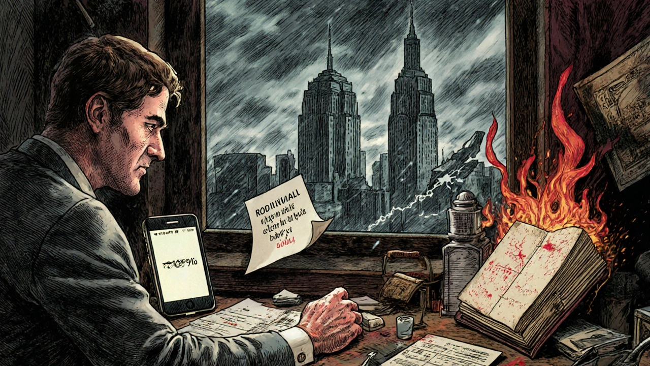 Trader under margin call storm, Robinhood and Fidelity rates contrasted, market crash outside window.