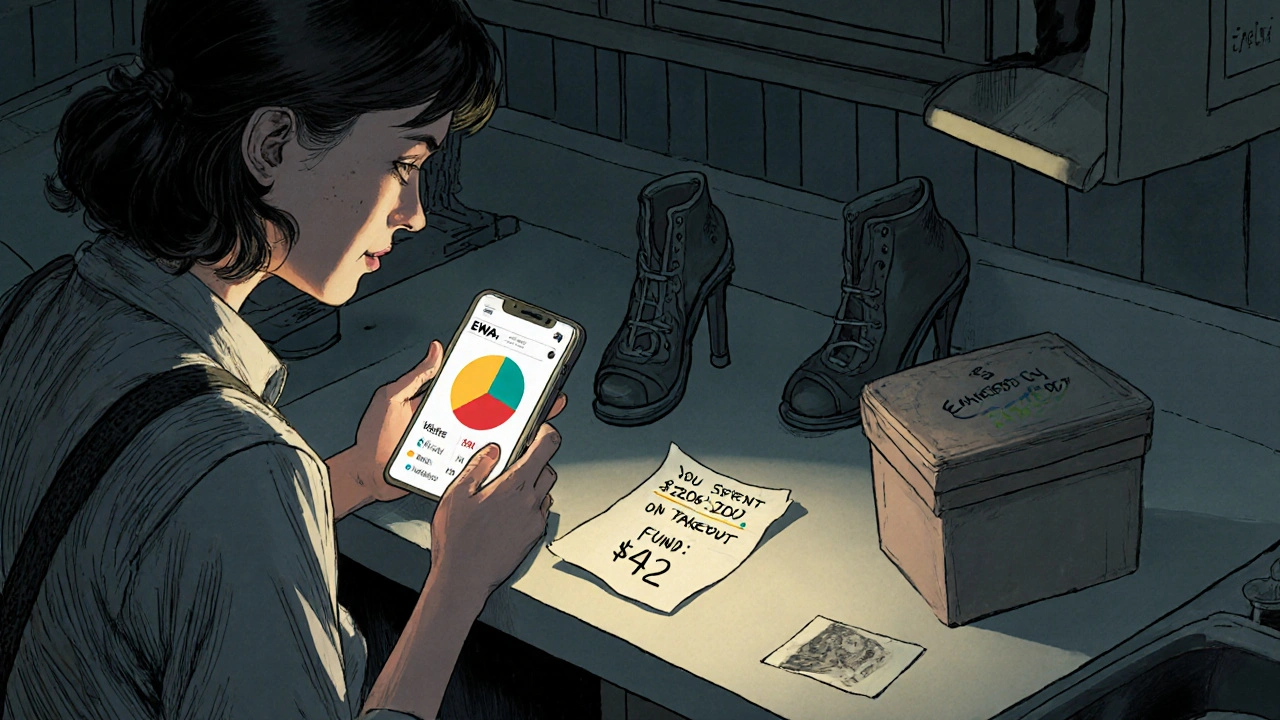 Woman in kitchen seeing spending breakdown on phone, savings jar and shoe box nearby