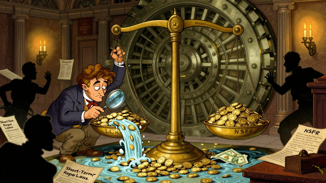 A bank vault with scales balancing liquidity requirements under candlelight.