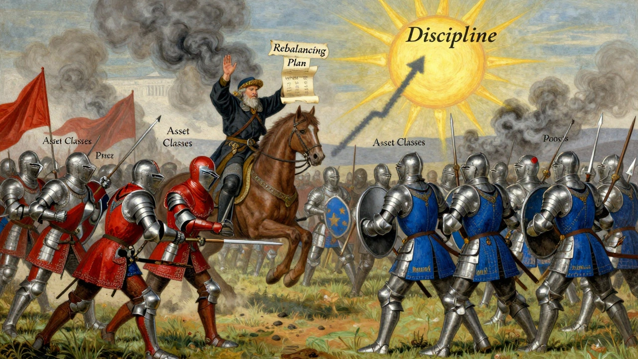 A commander on horseback restores balance among warring knights representing stocks and bonds, enforcing a disciplined allocation plan.