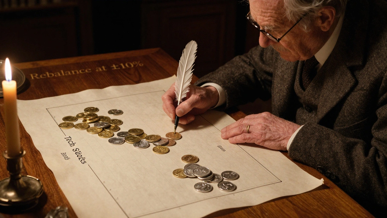 A financier in a candlelit study adjusts a portfolio chart, marking rebalancing points with a quill as stocks and bonds imbalance.