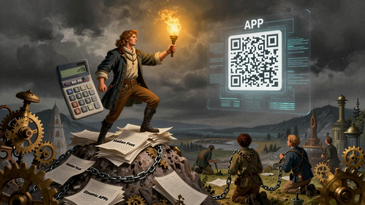 A hero holds a calculator that illuminates hidden loan costs, standing atop financial documents with a glowing QR code above.
