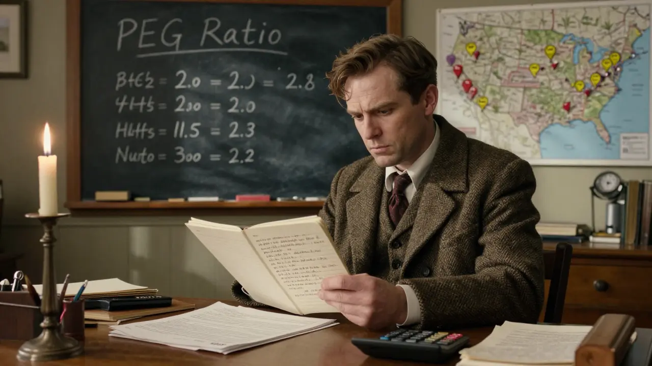 A man studies financial reports and calculates the PEG ratio at a wooden desk, surrounded by handwritten notes and glowing formulas.