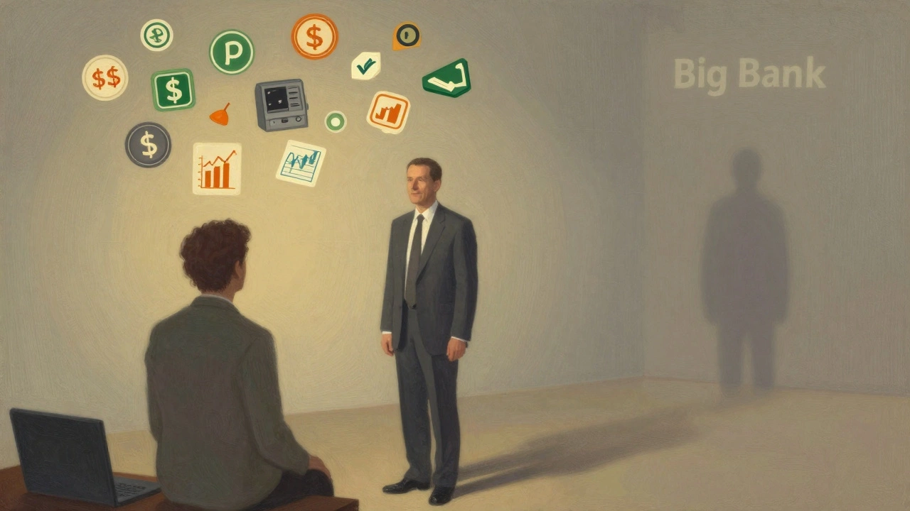 A modern advisor stands beside a customer as old banking shadows fade away, in Howard Pyle style.