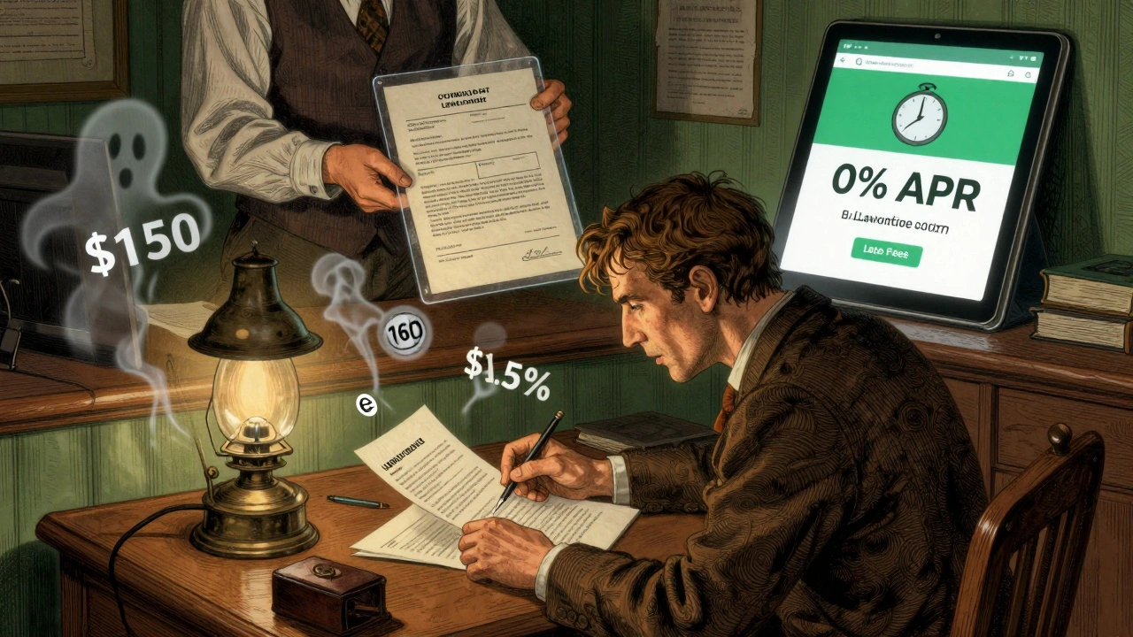 A person deciphers a complex loan contract surrounded by floating fees, under an oil lamp, in classic illustration style.