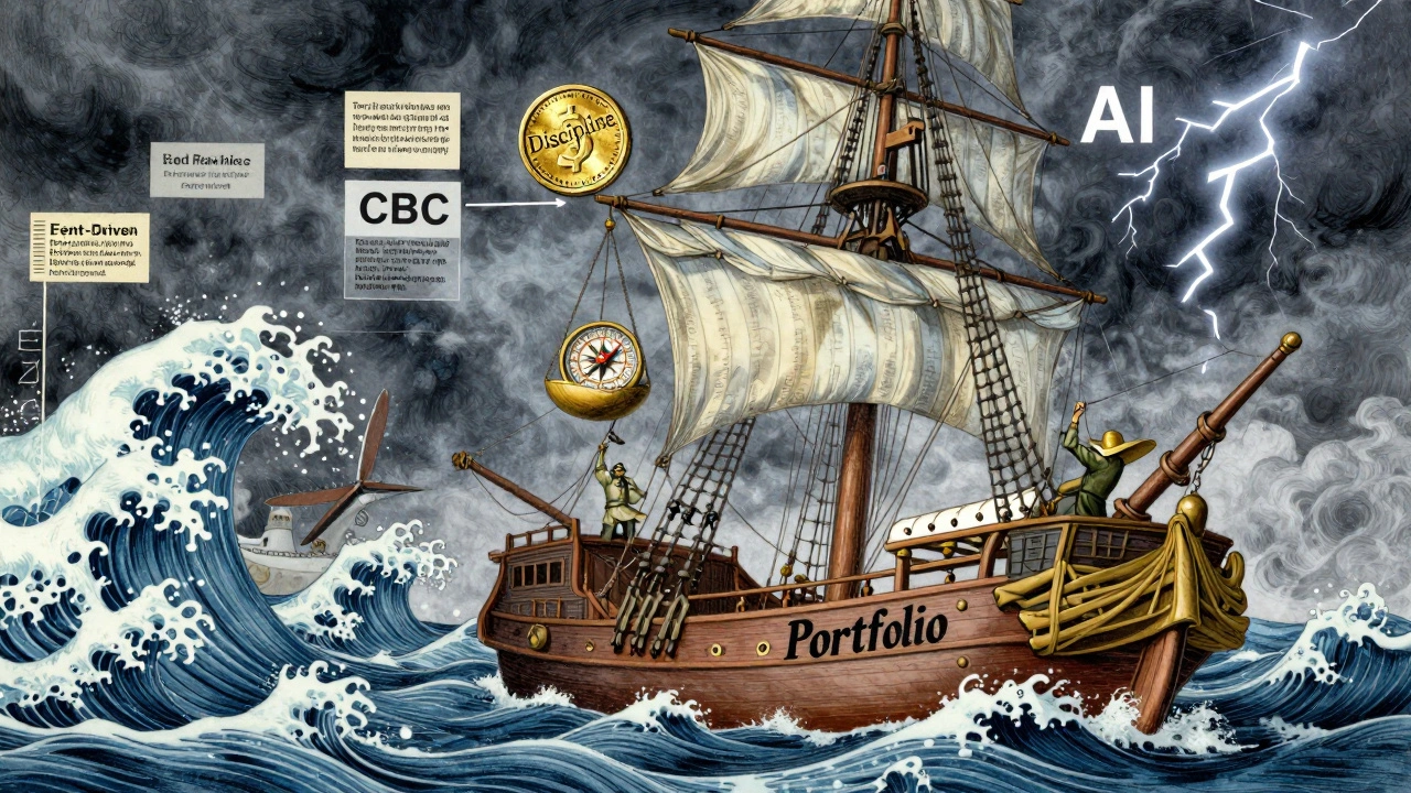 A ship named &#039;Portfolio&#039; sails through financial storms, guided by discipline and event-driven signals.