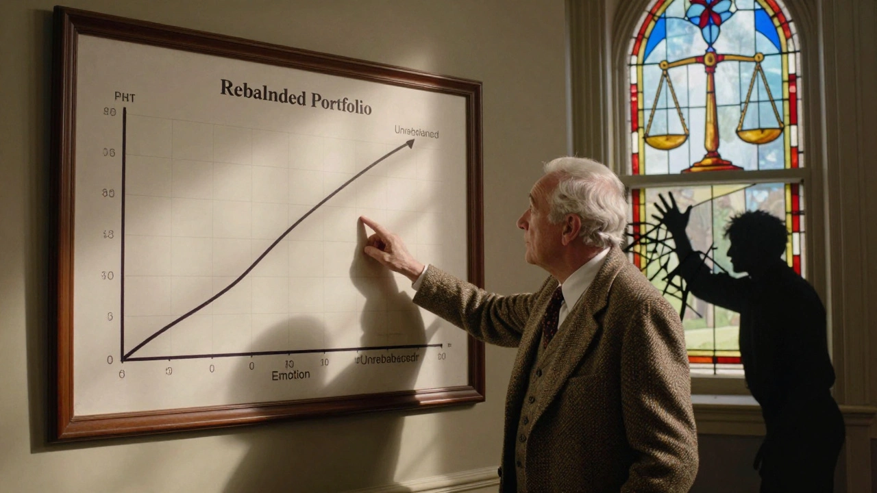 Advisor points to steady growth chart as shadowy &#039;Emotion&#039; tries to destroy chaotic line.