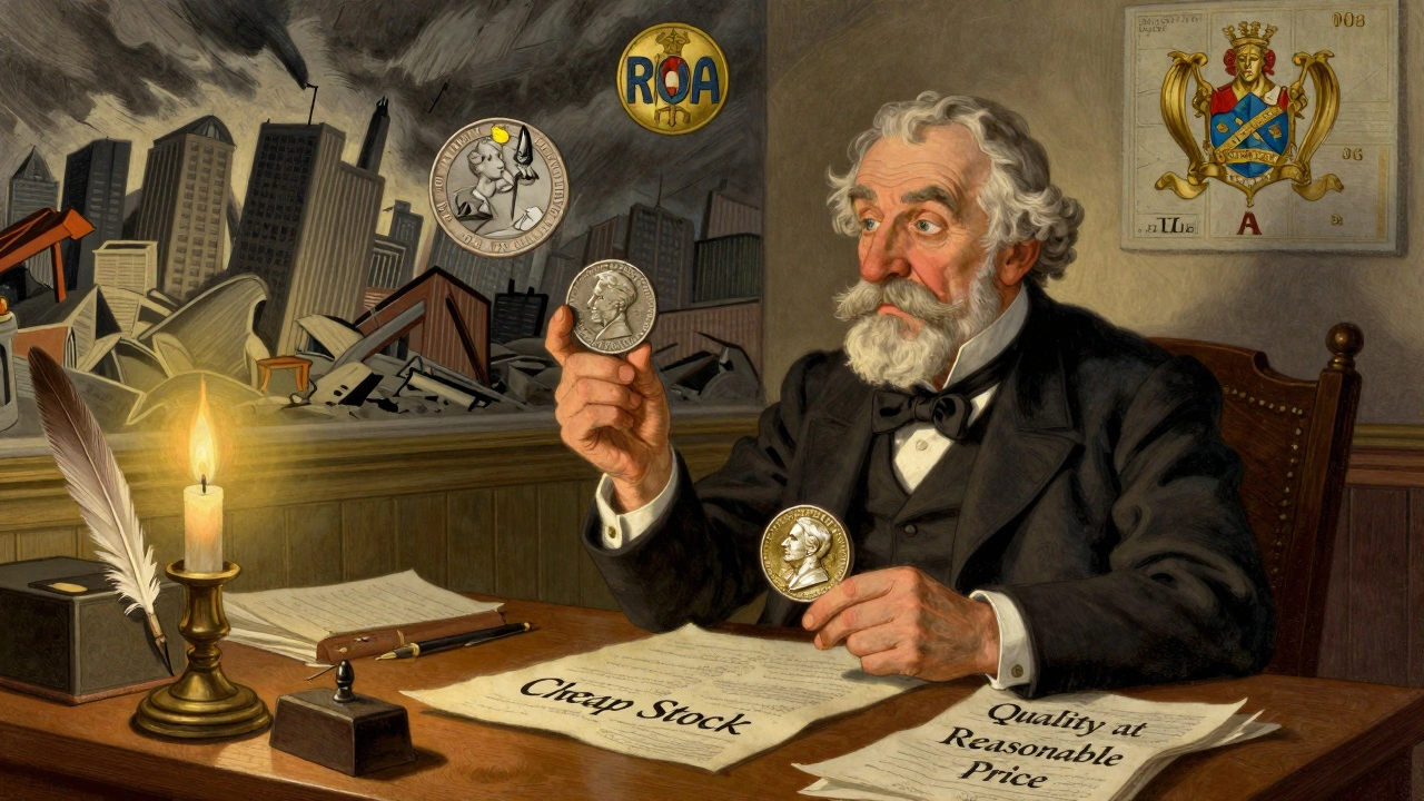 An elderly financier comparing two coins, one cheap and one balanced, with financial symbols in the background under candlelight.