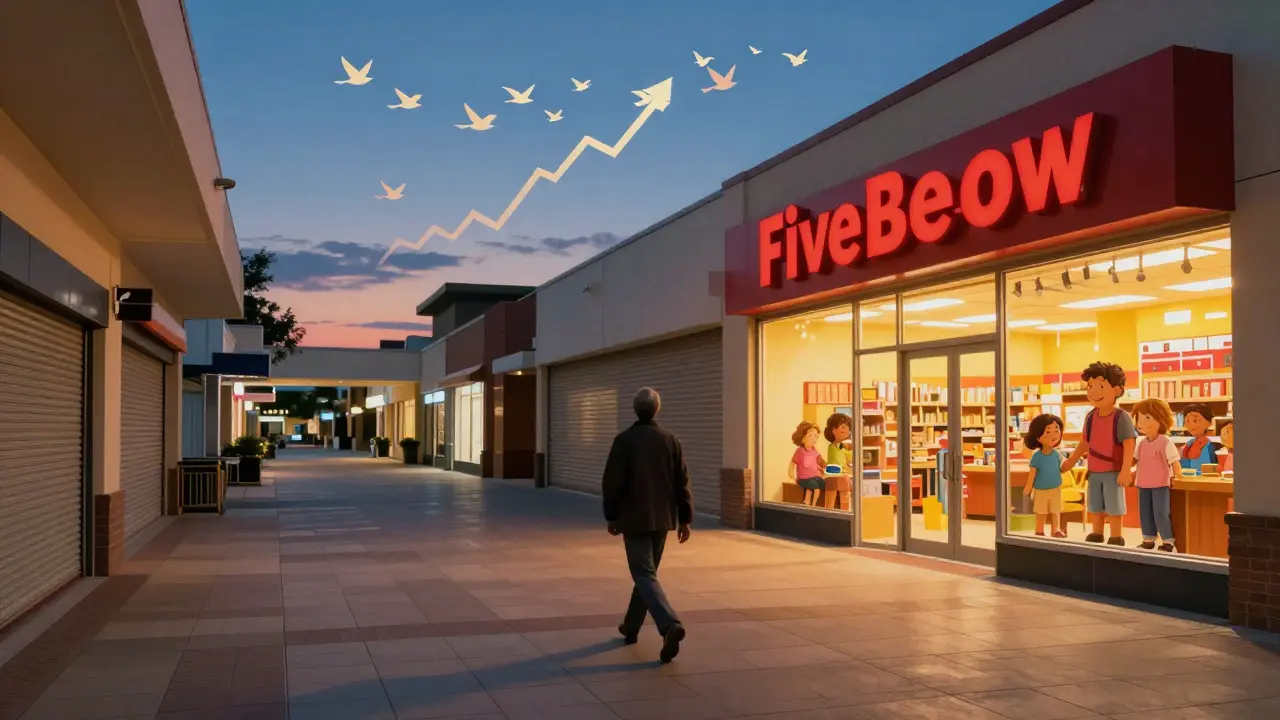 An investor walks past closed stores toward a thriving discount store, with stock growth birds flying overhead in the twilight.