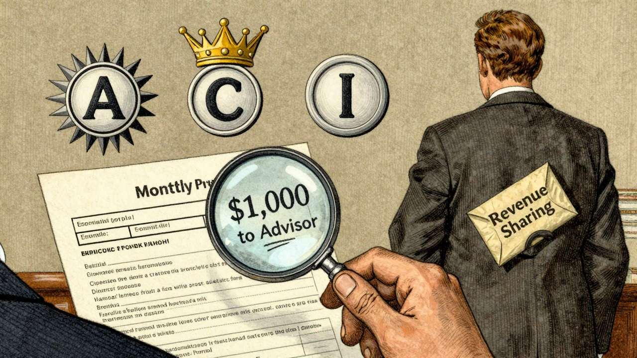 Client examining statement revealing hidden advisor payments, three fund types floating nearby.