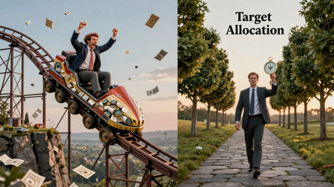 Contrasting paths: reckless rollercoaster vs. calm walk with balanced trees under dawn sky.