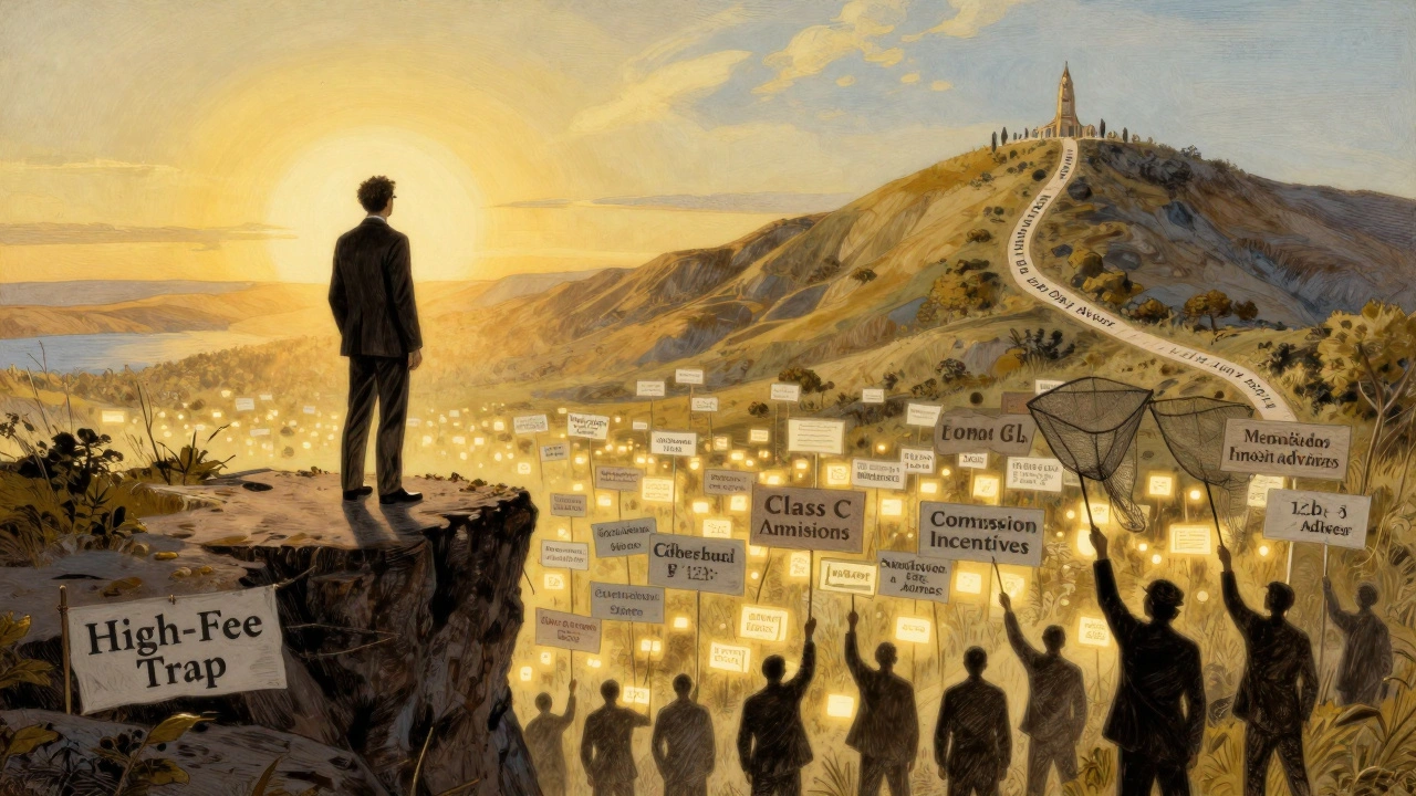 Investor at cliff edge, high-fee funds below, safe path to low-cost funds leading upward.