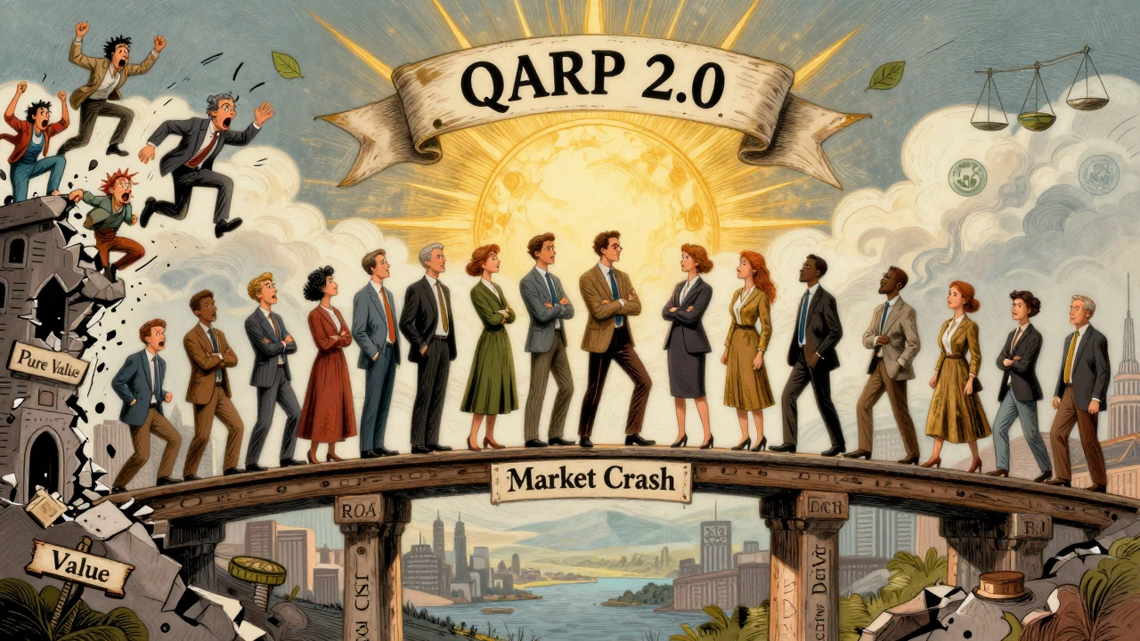 Investors crossing a safe bridge built on quality metrics while others fall from a collapsing tower labeled &#039;Pure Value&#039;.