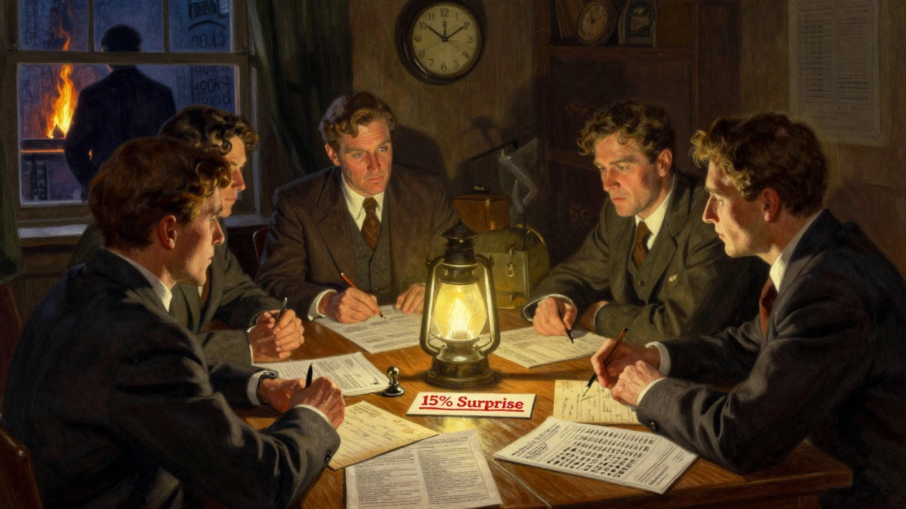 Investors gathered around a table with earnings reports and dot plots in a dim 1920s trading room.