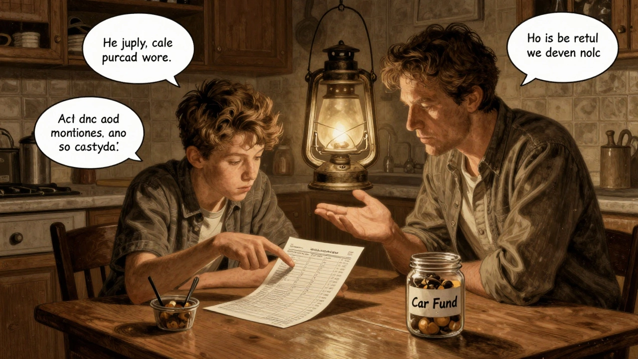 Parent and teen review spending log at a kitchen table under a lamp, savings jar visible, emotional moment of financial lesson.