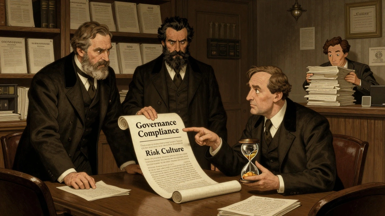 Regulators in Victorian coats inspecting governance documents with a nervous executive.