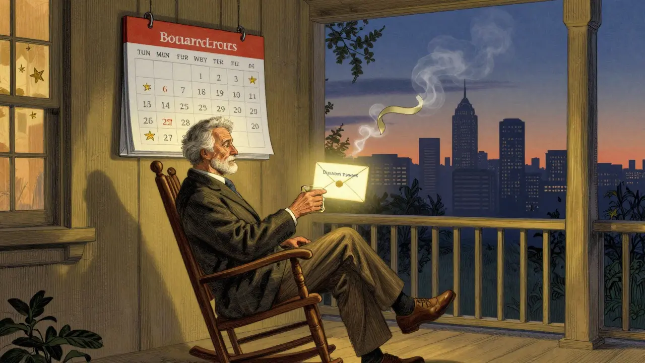 Retiree on a porch receives a dividend envelope as quarterly payment dates glow softly on a calendar.