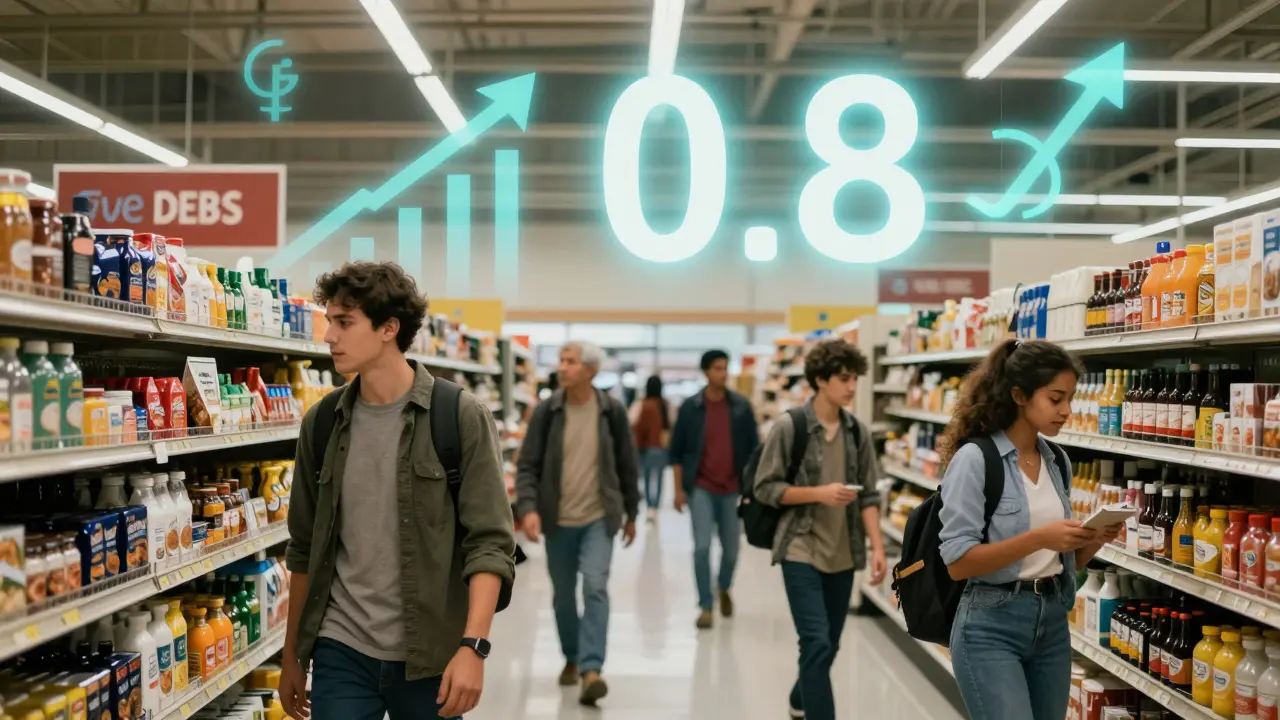 Shoppers at a busy discount store with faint financial metrics glowing above them.