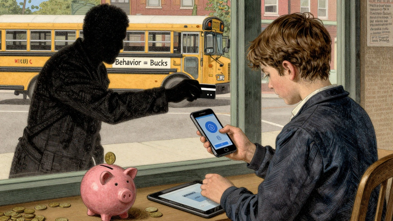 Teen approves purchase with fingerprint scan, shadowy fraud attempt in background, school bus with &#039;Behavior = Bucks&#039; sign outside.