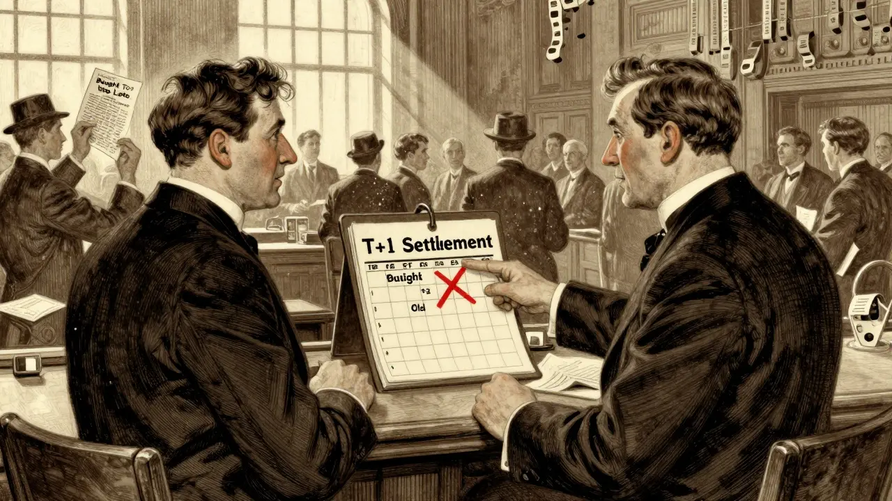 Two men in 1920s attire argue over a ledger, one correcting outdated T+2 rules with T+1 settlement.