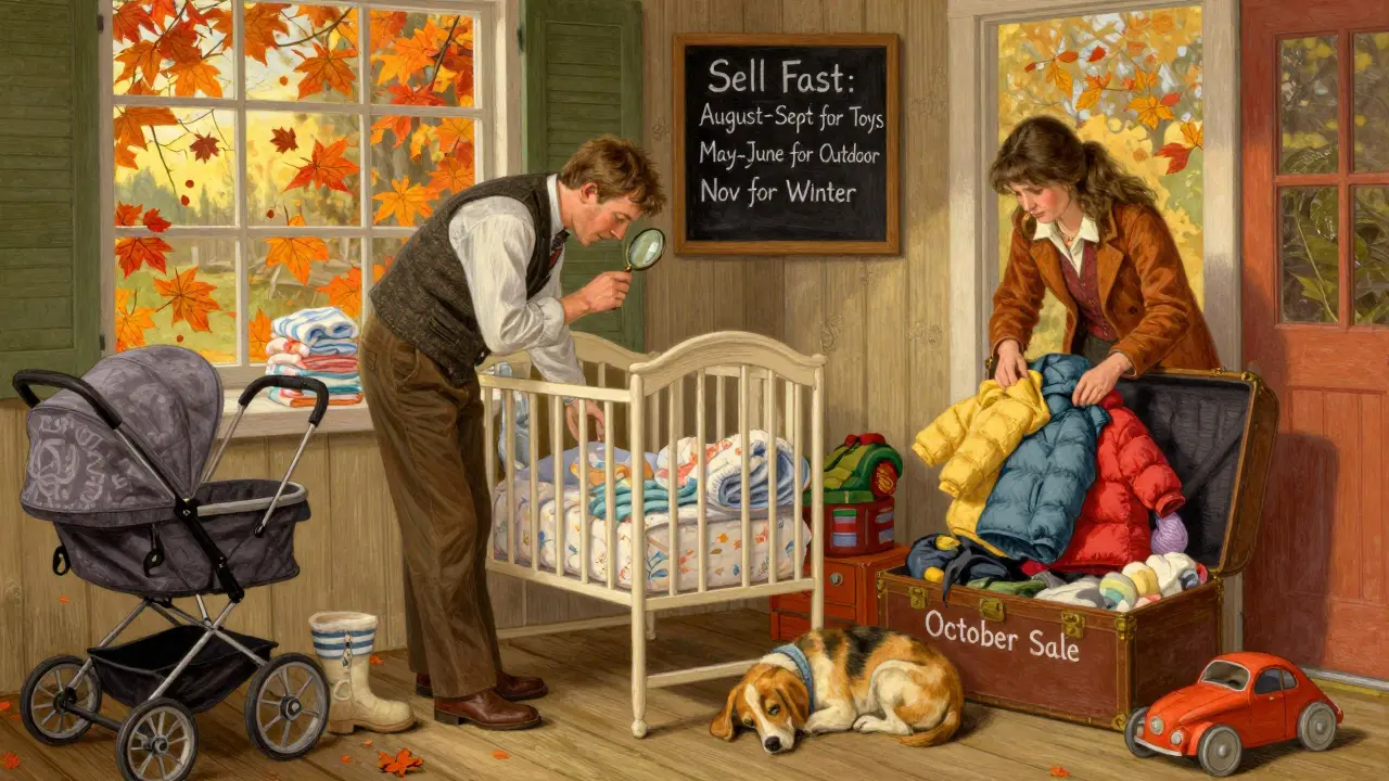 Family packs winter gear for sale as autumn leaves fall outside, checking a crib’s safety label with a magnifying glass.