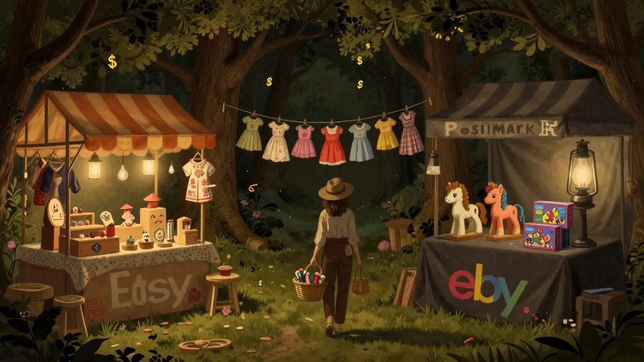 Three storybook-style market stalls — Etsy, Poshmark, eBay — float in a warm illustration with children’s clothes and vintage toys.