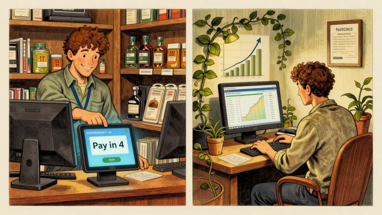 A customer uses buy-now-pay-later at checkout while a business owner tracks sales data with digital underwriting visuals.