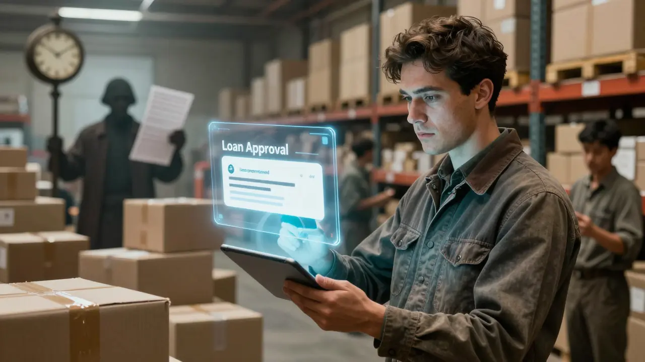 A merchant watches loan approval glow above a tablet while traditional banking fades away in the background.