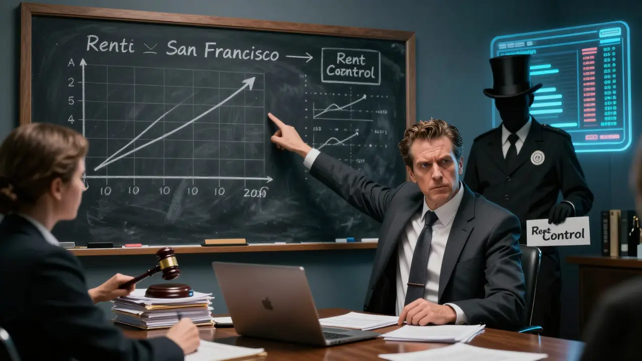 A REIT executive shows rent growth charts while a regulator slams a rent control gavel, with AI data glowing in the background.